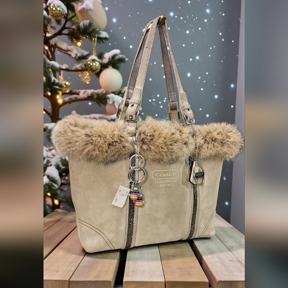 Coach Handbags - Coach Beige Tote with Fur Trim